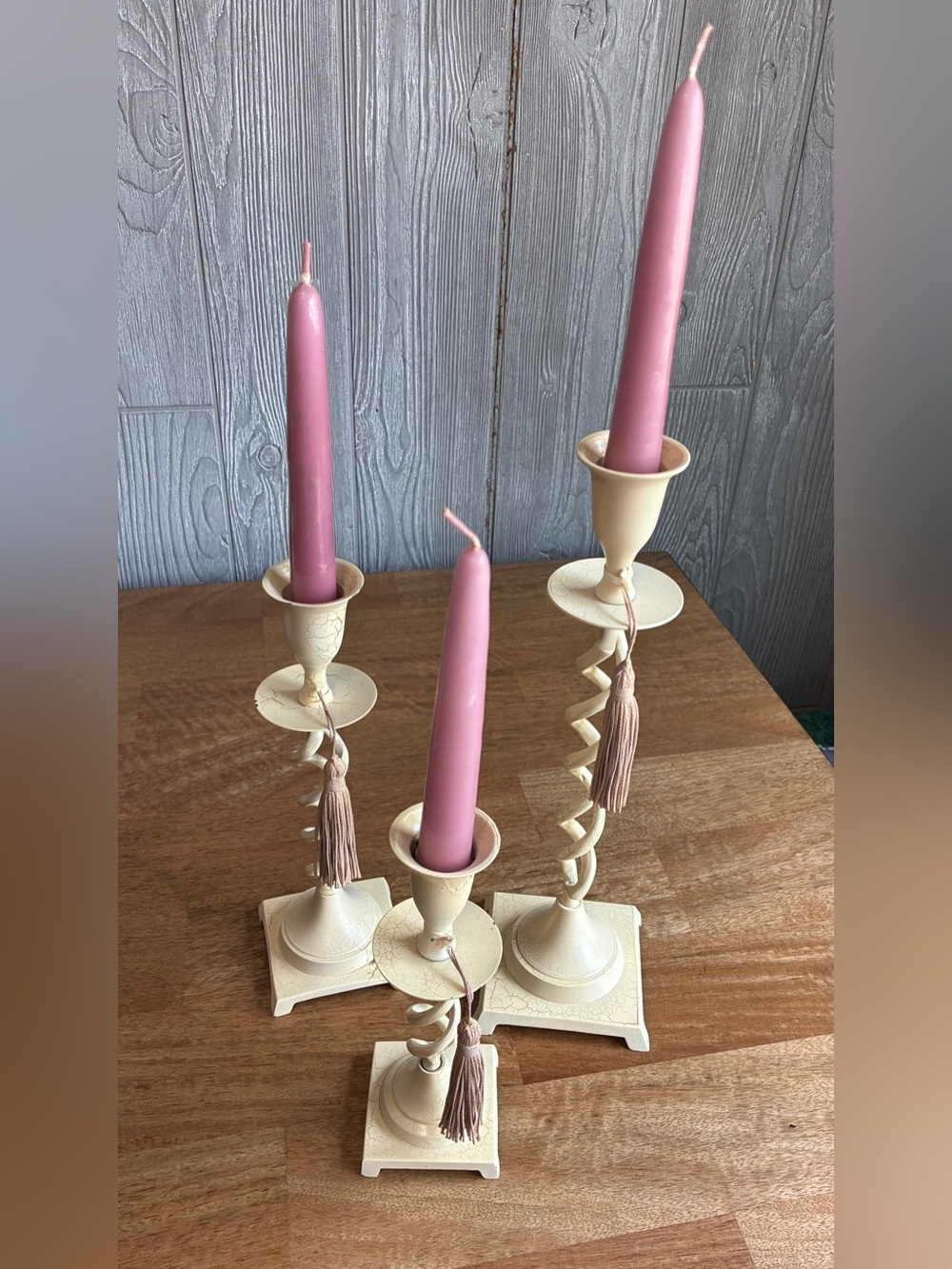3 Pink Taper Candles in Cream Spiral Candle Holders - Brand Unspecified